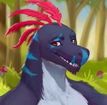 anthro detailed_background feathers fur looking_at_viewer male red_eyes smile solo teeth cjayce darastrix_(ihavexboxlive) dinosaur dromaeosaurid feathered_dinosaur feathered_scalie prehistoric_species reptile scalie theropod