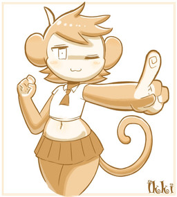 blush bottomwear clothing female fingers flat_chested happy navel necktie one_eye_closed school_uniform shirt simple_background skirt solo topwear uniform white_background disfigure kuika_(disfigure) haplorhine mammal monkey primate