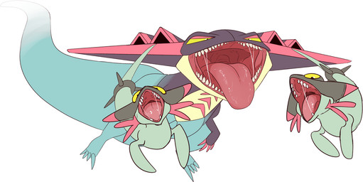 ambiguous_gender black_body blue_body bodily_fluids glistening glistening_tongue green_body group mouth_shot multicolored_body narrowed_eyes open_mouth red_body red_tongue saliva saliva_string simple_background tongue tongue_out trio unsigned white_background swampjaws nintendo pokemon dragapult generation_8_pokemon pokemon_(species)