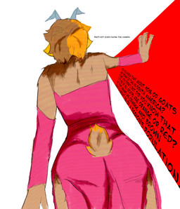 anthro brown_body brown_fur butt butt_focus clothing dress female fur orange_body orange_fur solo standing text anonymous_artist animal_humanoid bovid bovid_humanoid caprine caprine_humanoid goat goat_humanoid humanoid mammal mammal_humanoid absurd_res hi_res