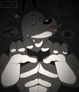 abs anthro biceps big_muscles big_pecs black_nose blush bone bottomless clothed clothing costume eyebrows fingers food fruit fur halloween_costume holidays huge_muscles light logo long_ears looking_at_viewer male manly muscular muscular_anthro muscular_arms muscular_male nude pattern_background pecs plant presenting pumpkin raised_arms raised_clothing raised_eyebrow raised_shirt raised_tank_top raised_topwear reaching_towards_viewer scar shadow shirt shirt_only simple_background skull smile solo speech_bubble standing tank_top tank_top_only text tongue tongue_out topwear topwear_only torn_clothing white_body white_fur yellow_omen halloween nickelodeon t.u.f.f._puppy dudley_puppy bat canid canine canis domestic_dog mammal 2025 absurd_res artist_logo artist_name colored comic digital_drawing_(artwork) digital_media_(artwork) english_description english_text full-length_portrait hi_res lighting portrait shaded signature watermark