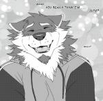 clothing countershading embarrassed eyes_closed head_tilt hoodie male shy smile solo text topwear aluminemsiren orion_(aluminemsiren) canid canine canis mammal wolf english_text