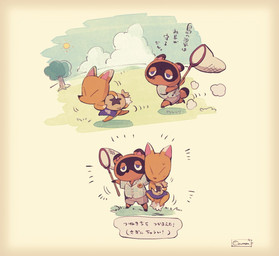 aloha_shirt anthro apron blue_apron blue_clothing bottomwear brown_body brown_fur chibi clothed clothing duo fully_clothed fur kemono male money_bag outside pattern_clothing pattern_shirt pattern_topwear shirt shorts slightly_chubby text topwear oama_000 animal_crossing nintendo crazy_redd tom_nook_(animal_crossing) canid canine fox mammal raccoon_dog tanuki 2020 japanese_text translation_request