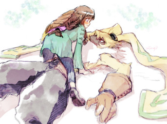 anthro blush clothing duo female fluffy fluffy_chest fur gloves hair handwear long_ears long_hair male ponytail_ears shirtless straddling yellow_body yellow_fur tumugiv bandai_namco digimon digimon_ghost_game ruri_tsukiyono digimon_(species) human lagomorph leporid mammal rabbit symbareangoramon hi_res