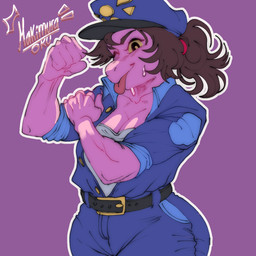 anthro belt blue_clothing breasts brown_hair clothed clothing female hair hat headgear headwear non-mammal_breasts police police_hat police_uniform ponytail purple_background purple_body simple_background solo tongue tongue_out uniform wide_hips yellow_sclera kristhianquint4 deltarune undertale_(series) rosie_the_riveter susie_(deltarune) reptile scalie 1:1 2025 hi_res