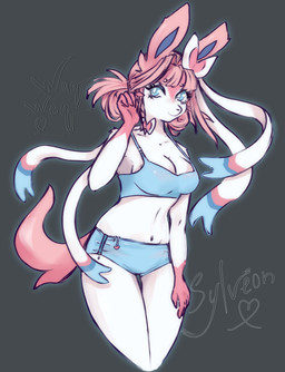 accessory anthro blue_eyes bow_ribbon breasts clothing cute_pose female fluffy fluffy_tail hair hair_accessory hair_bow hair_ribbon pink_hair pink_tail ribbons solo swimwear tail white_body wide_hips waqwaq nintendo pokemon eeveelution generation_6_pokemon pokemon_(species) sylveon hi_res
