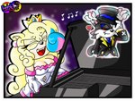 anthro breasts clothing crown dress ear_piercing female fur hair hat headgear headwear highlights_(coloring) keyboard_instrument male musical_instrument piano piercing singing suit_and_tie white_clothing white_dress eggbot15 sega sonic_the_hedgehog_(series) 15_(eggbot15) fan_character princess_(eggbot15) darkling domestic_cat eulipotyphlan felid feline felis hedgehog mammal absurd_res digital_media_(artwork) hi_res