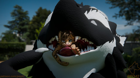 anthro body_in_mouth duo female looking_pleasured macro male male/female micro oral_vore sharp_teeth size_difference teeth vore peq42 mythology peq_(peq42) dragon felid feline mammal mayu_(azuki) mythological_creature mythological_scalie nardoragon scalie 3d_(artwork) digital_media_(artwork) hi_res