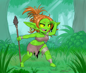 breasts cleavage clothed clothed_female clothed_humanoid clothing ear_piercing ear_ring female female_humanoid green_body green_skin hair holding_melee_weapon holding_object holding_polearm holding_spear holding_weapon humanoid_pointy_ears melee_weapon midriff not_furry outside piercing pointy_ears polearm ring_piercing shortstack shortstack_female small_waist solo spear thick_thighs tied_hair weapon wide_hips mario-grant ms._nasbh'ke_(mario-grant) goblin humanoid 2025 digital_media_(artwork)