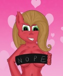 anthro brown_hair censor_bar female green_eyes hair heart_symbol simple_background solo text the_unknown_alicorn hasbro my_little_pony fan_character pun_pony earth_pony equid equine horse mammal pony 2013 5:6 absurd_res censored english_text hi_res