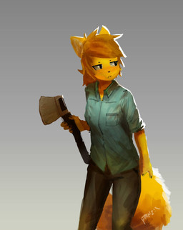 anthro axe clothed clothing female gradient_background grey_background holding_object holding_weapon melee_weapon simple_background solo standing weapon panzery25 eri_washington_(panzery25) canid canine fox mammal 2018 hi_res signature