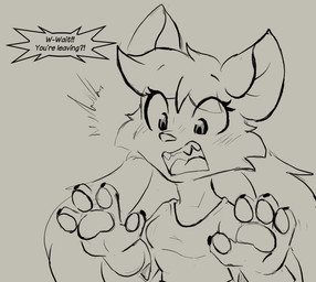 anthro claws clothed clothed_anthro clothed_female clothing crop_top dialogue eyelashes fangs female fully_clothed fully_clothed_anthro fully_clothed_female pawpads sharp_teeth shirt solo speech_bubble stuttering teeth text topwear twintails_(hairstyle) muhny chloe_(muhny) domestic_cat felid feline felis mammal english_text sketch