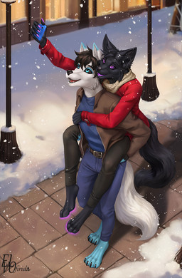 5_fingers anthro biped bottomwear breasts claws clothed clothed_anthro clothed_female clothed_male clothing duo feet female fingers front_view fully_clothed fully_clothed_anthro fully_clothed_female fully_clothed_male fur hair male outside smile snow snowing standing tail teeth toes tongue topwear winter elvofirida canid canine fox mammal 2026 digital_drawing_(artwork) digital_media_(artwork) hi_res