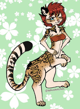 bandeau blinking blue_eyes breasts chibi clothed clothing covered_breasts female fur hair looking_at_viewer markings navel one_eye_closed pink_nose red_hair solo spots spotted_body spotted_fur spotted_markings strapless_clothing striped_markings striped_tail stripes tail tail_markings topwear tube_top wink winking_at_viewer aykusketches kamellia chakat felid felid_taur feline leopardus mammal mammal_taur ocelot taur hi_res herm_(lore)