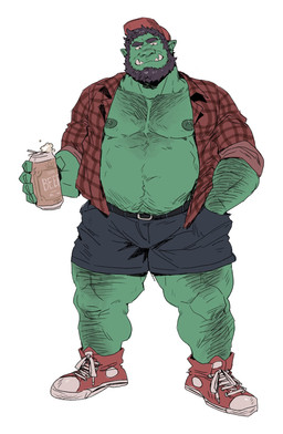 5_fingers alcohol arm_hair beard beer belt beverage beverage_can black_bottomwear black_clothing black_hair black_shorts body_hair bottomwear chest_hair clothed clothing eyebrows facial_hair fingers footwear green_body green_nipples green_skin hair hairy hairy_legs hand_in_pocket hat headgear headwear humanoid_pointy_ears looking_at_viewer male monotone_body nipples not_furry open_clothing open_shirt open_topwear overweight overweight_humanoid overweight_male pattern_clothing pattern_topwear plaid plaid_clothing plaid_topwear pockets pointy_ears red_clothing red_footwear red_hat red_headwear red_shirt red_shoes red_topwear shirt shoes shorts simple_background slightly_chubby smile smiling_at_viewer sneakers solo teeth thick_eyebrows topwear grondraws gron_beargut humanoid orc hi_res