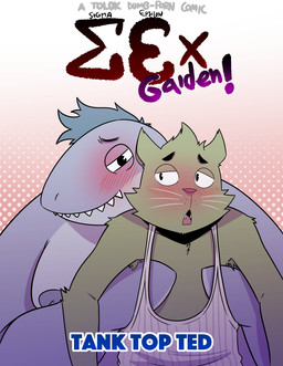 anthro armpit_hair blush body_hair clothing duo featureless_hands fur green_body green_fur grey_body grey_hair hair hug hugging_another hugging_from_behind looking_pleasured male male/male nipples sharp_teeth shirt tank_top teeth teeth_showing topwear whiskers t0l0k isaac_(t0l0k) ted_(t0l0k) domestic_cat felid feline felis fish mammal marine shark comic cover cover_art cover_page hi_res