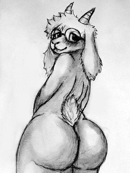anthro big_butt bovid_horn butt caprine_horn eyewear femboy fur hair horn huge_butt looking_at_viewer looking_back male nude presenting simple_background smile solo thick_thighs wide_hips surette deltarune undertale undertale_(series) ralsei bovid caprine darkner goat mammal 3:4 absurd_res black_and_white graphite_(artwork) greyscale hi_res monochrome portrait shaded sketch traditional_media_(artwork) male_(lore)