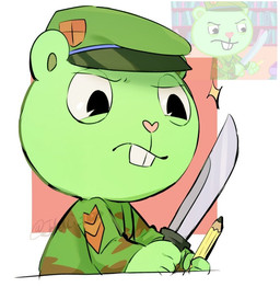 anthro buckteeth camo camo_clothing camo_print camo_topwear clothing green_body green_clothing green_hat green_headwear green_topwear hat headgear headwear heart_nose heart_symbol holding_knife holding_object holding_pencil knife looking_at_object male narrowed_eyes pattern_clothing pattern_topwear pencil_(object) pink_nose screencap_redraw solo teeth text topwear joloki_t1123 happy_tree_friends flippy_(htf) bear mammal 2026 artist_name digital_media_(artwork) japanese_description reference_image shaded
