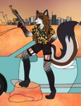 ak-47 ak_platform aloha_shirt anthro assault_rifle black_body black_fur blue_eyes bottomwear brown_hair car city clothing cosplay countershading desert ear_tuft female fingerless_gloves fishnet_clothing fishnet_leggings fishnet_legwear footwear fur garter_straps gloves gloves_(marking) grey_body grey_fur gun hair handwear hotpants leggings legwear markings orange_body orange_fur pattern_clothing pattern_shirt pattern_topwear paws ranged_weapon rifle shirt shorts smile socks solo topwear tuft vehicle weapon white_body white_fur anonymous_artist fear_and_loathing_in_las_vegas hunter_s_thompson nova_era canid canine fox grey_fox mammal urocyon