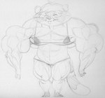 4_fingers abs anthro big_muscles bikini clothing eyes_closed female fingers looking_down muscular muscular_anthro muscular_female sharp_teeth solo standing swimwear teeth two-piece_swimsuit sbshouseofpancakes harvey_beaks nickelodeon meryl_(harvey_beaks) mammal procyonid raccoon monochrome sketch traditional_media_(artwork)