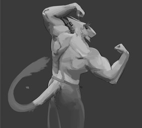 anthro back_muscles bare_chest bottomwear clothing ear_piercing flexing male muscular muscular_arms muscular_male pants piercing smile solo tail tail_tuft tuft aviesergal avie sergal hi_res monochrome