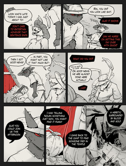 3_eyes anthro buckteeth clothing dagger death dialogue female female_anthro hat headgear headwear holding_dagger holding_melee_weapon holding_object holding_weapon male male_anthro melee_weapon multi_eye plant red_eyes speech_bubble teeth text tree weapon aveloka narinder domestic_cat felid feline felis hare lagomorph leporid mammal 2025 comic digital_media_(artwork) english_text hi_res spot_color