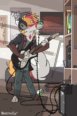 anthro band_merch bed electric_guitar electronics eyes_closed furniture guitar headphones male musical_instrument playing_guitar playing_music plucked_string_instrument solo string_instrument nekeithfox fender_musical_instruments_corporation my_chemical_romance stratocaster canid canine fox mammal hi_res
