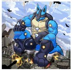 aircraft airplane anthro blue_body border bulge city clothing crouching destruction detailed_bulge explosion group jet macro macro_anthro macro_male male muscular muscular_male red_eyes solo_focus speedo swimwear tank_(vehicle) vehicle white_border wolfmalro nintendo pokemon canid canine generation_4_pokemon lucario mammal pokemon_(species) hi_res