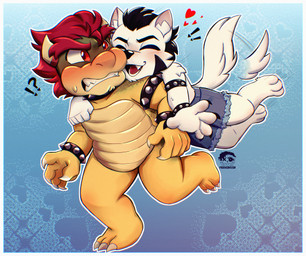 anthro belly black_hair blush clothed clothing duo eyes_closed fur hair horn hug jewelry male open_mouth paws simple_background smile spikes tail teeth text tongue white_body feenie_(artist) mario_bros nintendo bowser langdon_marston canid canine canis domestic_dog husky koopa mammal nordic_sled_dog scalie spitz absurd_res hi_res huge_filesize