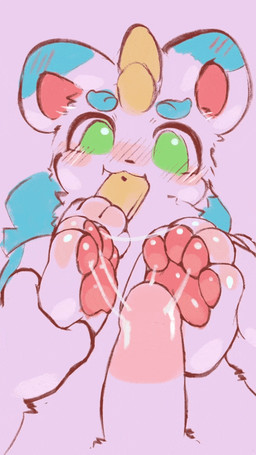 bestiality blush bodily_fluids cum cum_on_feet cum_on_paw cum_on_penis duo eating eating_food feet feral foot_fetish foot_play footjob fur genital_fluids genitals glistening glistening_pawpads green_eyes human_on_feral interspecies male male/male multicolored_body multicolored_fur pawpads penis sex falni fabulous_beasts tianlu_(fabulous_beasts) human mammal animated loop