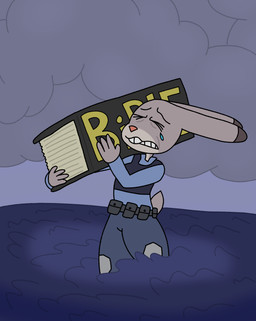anthro bared_teeth belt bible_(object) blue_clothing blue_shirt blue_topwear bodily_fluids book bottomwear buckteeth clothed clothing cloud cloudy_sky crying dipstick_ears ear_markings ears_back eyes_closed female female_anthro gold_text grey_body grey_bottomwear grey_clothing grey_ears grey_face grey_hands grey_neck grey_pants grey_topwear grey_vest grimace holding_object multicolored_ears orange_nose pants partially_submerged pivoted_ears police police_uniform sea shirt sky solo standing_in_water tail tears teeth text topwear uniform utility_belt vest water rumcoat disney zootopia judy_hopps european_rabbit lagomorph leporid mammal oryctolagus rabbit absurd_res digital_media_(artwork) english_text hi_res