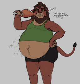 belly belly_tuft big_belly bloated bottomwear brown_body brown_fur burping clothing dialogue eating eye_scar facial_scar food fur male mane meat overweight overweight_male scar shirt shorts standing stuffing tail tank_top text topwear tuft weight_gain yellow_sclera sodiux disney the_lion_king kovu_(the_lion_king) felid lion mammal pantherine hi_res