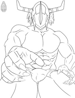 5_fingers abs anthro armor balls biceps bottomwear bulge claws clothing deltoids erection erection_under_clothing fingers genitals hair headgear headgear_only helmet helmet_only horn horned_helmet looking_at_viewer looking_down looking_down_at_viewer low-angle_view male muscular muscular_anthro muscular_male obliques pecs penis quads simple_background solo thong underwear white_background leosomon bandai_namco digimon mythology blackwargreymon digimon_(species) dragon mythological_creature mythological_scalie scalie wargreymon 2025 black_and_white guide_lines hi_res line_art monochrome sketch