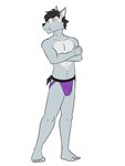 anthro blush bulge canid canine canis chastity_cage chastity_device chastity_device_outline clothed clothing detailed_bulge duke_(fuze) fuze hi_res jockstrap jockstrap_only looking_away male mammal navel pinup pose simple_background solo topless underwear underwear_only white_background wolf