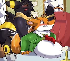 anthro bent_over big_butt black_body black_fur bodily_fluids butt clothing cum cum_in_ass cum_inflation cum_inside duo eyewear fur genital_fluids glasses green_clothing green_shirt green_topwear inflation interspecies male male/male necktie orange_body orange_fur shirt suit tail tail_pull tongue tongue_out topwear wearing_glasses spicykiwi geronimo_stilton_(series) nintendo pokemon geronimo_stilton eeveelution generation_2_pokemon mammal mouse murid murine pokemon_(species) rodent umbreon hi_res