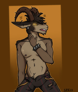 abs alternative_fashion angry anthro big_ears ear_piercing fur glowing glowing_eyes hair horn looking_at_viewer male nipples piercing punk shirtless_male simple_background solo spesssmutcentral deadlock_(game) valve billy_(deadlock) bovid caprine mammal hi_res