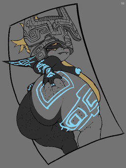 areola bedroom_eyes big_butt blush blush_lines breasts butt butt_grab clothing eyelashes female freckled_butt freckled_face freckled_legs freckled_thighs freckles fused_shadow hand_on_butt headgear headwear huge_butt long_eyelashes narrowed_eyes seductive solo sanjuro_(artist) nintendo the_legend_of_zelda twilight_princess midna humanoid imp 2026 3:4 hi_res