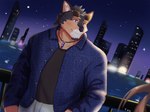 anthro brown_body brown_fur city city_background cityscape clothing denim denim_clothing denim_topwear eyewear eyewear_on_head fur male muscular muscular_anthro muscular_male sky solo star starry_sky sunglasses sunglasses_on_head topwear k_mofu2 lifewonders live_a_hero pubraseer canid canine canis domestic_dog mammal hi_res