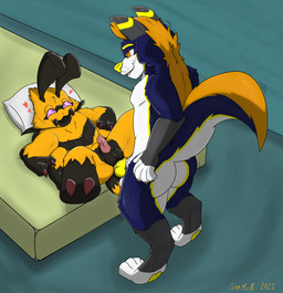 ahegao anal anal_penetration antennae_(anatomy) anthro balls bed blue_body blue_fur butt claws digitigrade dominant duo from_front_position fur furniture genitals heart_symbol larger_dom larger_male looking_pleasured lying male male/male male_penetrated male_penetrating male_penetrating_male nude on_back open_mouth pawpads penetration penis sex simple_background size_difference small_balls small_penis smile versatile white_body white_fur yellow_body yellow_fur yellow_penis soomir hectar_(soomir) sebastian_(flusteredcustard) arthropod bee canid canine hybrid hymenopteran insect mammal absurd_res digital_media_(artwork) hi_res