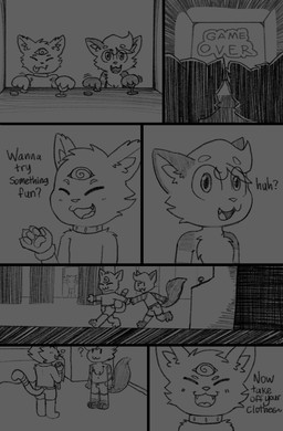 anthro arcade arcade_machine dialogue duo male male/male standing text young young_male milowo felid feline mammal english_text hi_res monochrome