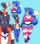2019 3_toes 4_toes 5_fingers anthro bar_emanata beads belly belly_overhang big_breasts blue_body blue_eyes blue_fur blue_hair blue_tail bottomwear breasts canid canine cleavage clothed clothing crop_top curvy_figure cute_fangs cyan_background deep_navel digital_drawing_(artwork) digital_media_(artwork) dipstick_tail duo emanata eye_patch eyes_closed eyewear fan_character feet female fingers footwear fox full-length_portrait fur generation_5_pokemon hair hand_holding happy heart_eye_patch heart_pair heart_reaction heart_stream heart_symbol hi_res hotpants huge_breasts jewelry larger_female lazuli_(doggod.va) legwear magatama male male/female mammal markings midriff multi_heart_reaction multicolored_body multicolored_eyes multicolored_fur multicolored_tail navel neck_tuft necklace nintendo pattern_clothing pattern_footwear pattern_legwear pattern_socks pawpads paws pink_clothing pink_eyes pink_pawpads pokemon pokemon_(species) portrait pupils red_pawpads shinyillusionz shirt shorts simple_background size_difference slightly_chubby smaller_male smile socks sparkles star striped_clothing striped_footwear striped_legwear striped_socks stripes tail tail_markings tank_top thick_thighs thigh_highs toes topwear tuft voluptuous walking white_body white_fur white_pupils white_tail wide_hips yellow_eyes zeke_the_zorua zorua
