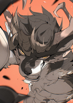 2_horns abs anthro athletic athletic_male black_body black_fur black_hair brown_hair claws countershade_arms countershade_face countershade_fur countershade_torso countershading finger_claws fur hair head_horn horn looking_at_viewer male mouth_closed nude orange_background pupils simple_background slit_pupils snarling solo teeth white_body white_countershading white_sclera yellow_eyes chiayeeee deer mammal 2025 digital_drawing_(artwork) digital_media_(artwork) half-length_portrait hi_res portrait signature