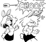 anthro bodily_fluids breasts clothed clothing female hair long_ears long_hair open_mouth particles simple_background sneeze solo speech_bubble tail text creator_ant diana_darling_(creator_ant) black_and_white hi_res monochrome