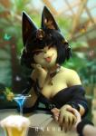 2019 alcohol ambient_arthropod ambient_butterfly ambient_insect ambiguous_gender animal_crossing ankha_(animal_crossing) anthro arthropod beer beverage bracelet breasts butterfly cleavage clothed clothing detailed_background digital_media_(artwork) digital_painting_(artwork) domestic_cat duo egyptian felid feline felis female first_person_view fur hair half-closed_eyes hand_holding hi_res human human_on_anthro insect interspecies jewelry lepidopteran looking_at_viewer mammal medium_breasts narrowed_eyes nintendo tongue tongue_out uraeus wayn_animation whiskers wings