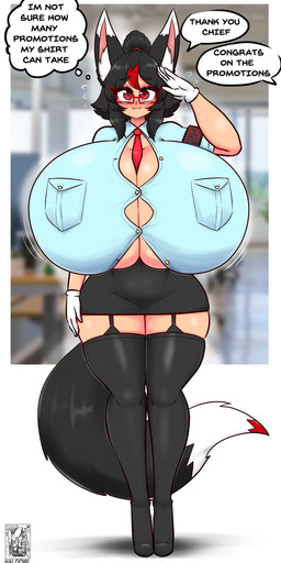 accessory big_breasts black_hair black_tail blue_clothing blue_topwear breasts button_(fastener) clothing dipstick_tail eyewear female glasses gloves hair handwear huge_breasts hyper hyper_breasts inner_ear_fluff legwear markings necktie red_eyes red_necktie red_tail_tip solo straining_buttons tail tail_markings text topwear tuft white_clothing white_gloves white_handwear white_inner_ear_fluff white_tail halotroll animal_humanoid canid canid_humanoid canine canine_humanoid humanoid mammal mammal_humanoid wolf_humanoid 2025 absurd_res english_text hi_res
