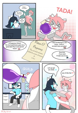 ambiguous_gender anthro dialogue male potion_bottle pregnant pregnant_male text v-draws-ad star_(v-draws-ad) winter_(v-draws-ad) domestic_cat felid feline felis mammal 2025 comic english_text hi_res