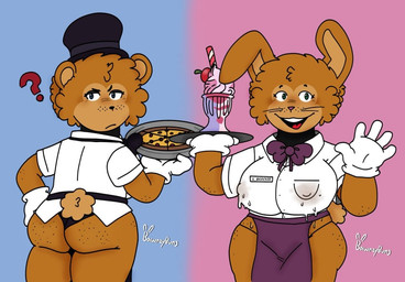 anthro areola areola_outline big_breasts big_butt bodily_fluids breasts brown_nipples butt clothed clothing duo female food fur lactating nipple_outline nipples tail thick_thighs yellow_body yellow_fur bawnzybun five_nights_at_freddy's scottgames fredbear_(fnaf) spring_bonnie_(fnaf) bear lagomorph leporid mammal rabbit