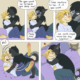 anthro barefoot bed black_clothing black_hair black_shirt black_topwear blonde_hair blue_bottomwear blue_clothing blue_eyes blue_pants bottomwear brown_eyes clothing cuddling dialogue duo eye_contact eyes_closed feet five_frame_image fur furniture grey_body grey_fur hair hand_on_back hand_on_shoulder heart_symbol hug kissing looking_at_another lying male male/male on_back on_bed page_number pajamas pants pawpads shirt smile speech_bubble surprised tail text topwear yellow_body yellow_fur kriek_wildebeest jeremy_(kriek_wildebeest) tom_(kriek_wildebeest) border_collie canid canine canis collie domestic_dog herding_dog husky hybrid mammal nordic_sled_dog pastoral_dog sheepdog spitz wolf 1:1 comic english_text hi_res