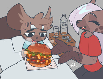 4_fingers anthro bed bed_covers bedding biped bottomwear brown_body brown_fur burger clothed clothed_anthro clothed_female clothed_male clothing duo eyes_closed female fingers food fully_clothed fully_clothed_anthro fully_clothed_female fur furniture hair male open_mouth open_smile pillow smile teeth tongue topwear el-k homie_(el-k) jk_(el-k) hyena mammal 2025 digital_drawing_(artwork) digital_media_(artwork) hi_res