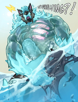 anthro biped black_nose blush cani foreskin fur genitals humanoid_genitalia humanoid_penis low-angle_view male muscular muscular_anthro muscular_male partially_submerged penis solo teal_body teal_fur text water tusskor lifewonders tokyo_afterschool_summoners koshchei_(tas) undead english_text hi_res